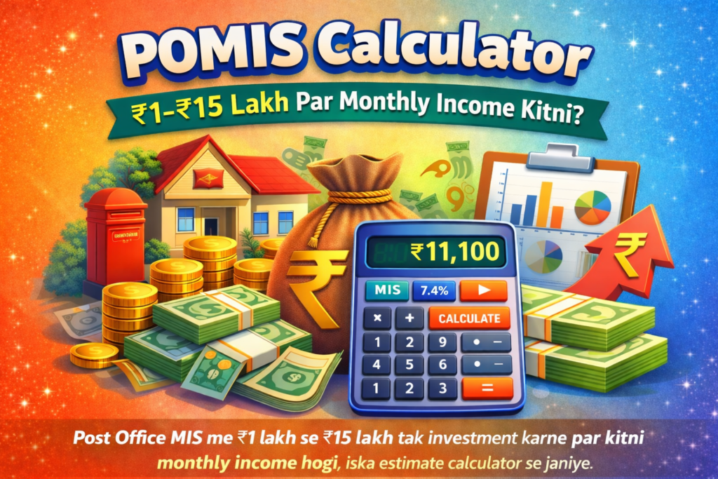 Post Office MIS monthly income estimate calculator graphic with savings and finance icons