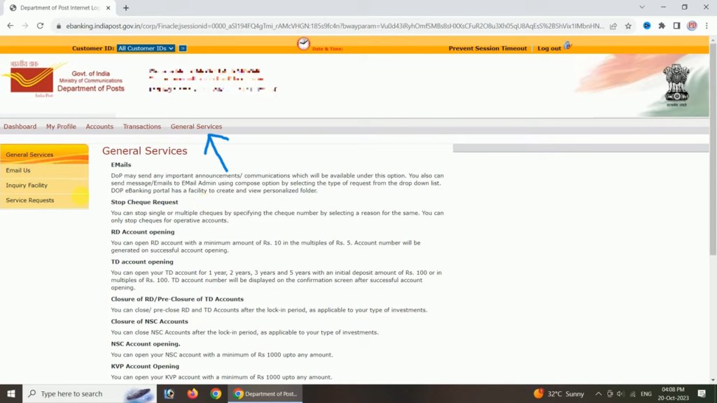 post office internet banking general service