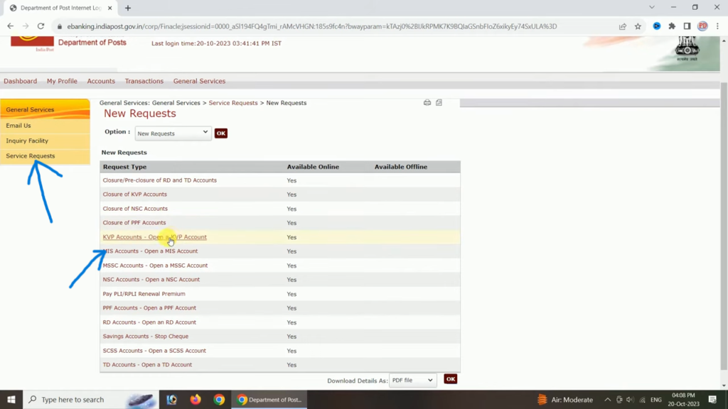 post office internet banking service request
