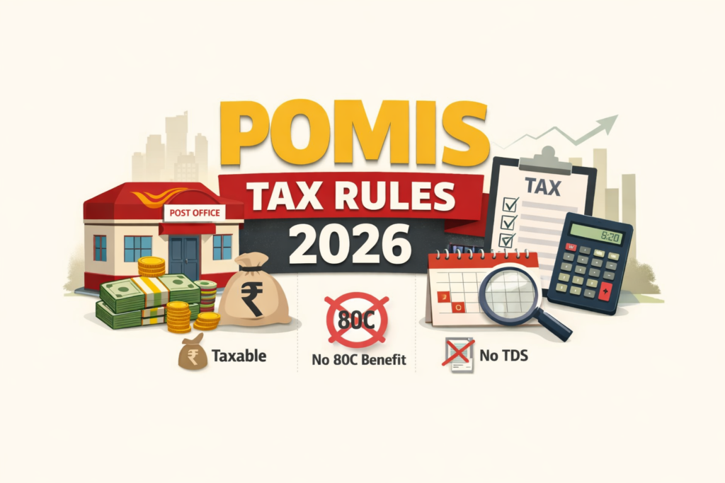 Post Office Monthly Income Scheme tax rules 2026 illustration showing taxable interest, no 80C deduction and no TDS on monthly income